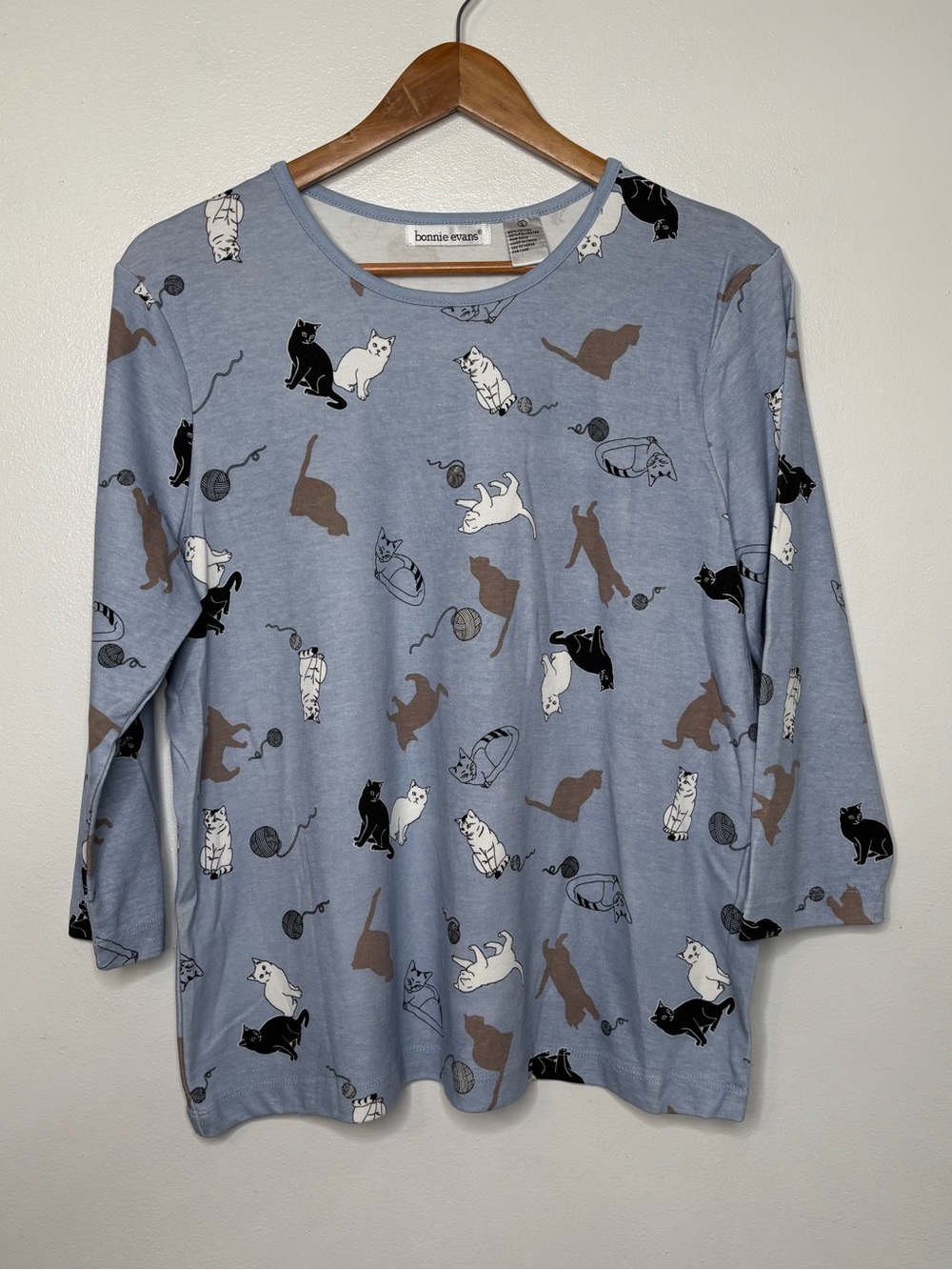 Bonnie Evans Cat Lady Shirt Blue 3/4 Sleeve Size Large
